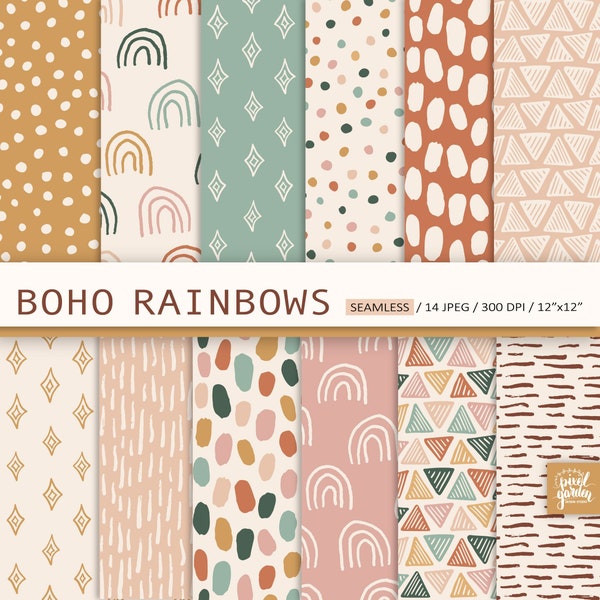 Boho Seamless Digital Paper. Boho Rainbow Scrapbook Paper. Polka Dot Boho Background. Geometric Boho Patterns. Commercial Use Digital Paper