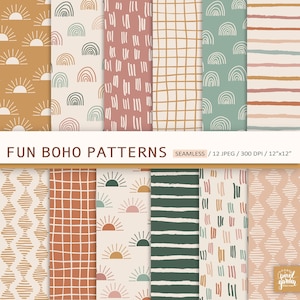 Papel digital sin costuras con motivos boho. Patrones geométricos boho. Fondo abstracto dibujado a mano. Papel para scrapbooking digital, uso comercial