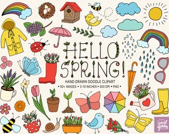 Spring Clipart. Hand Drawn Floral Clip Art. Rainbow Clipart. Rain Boots, Clouds, Weather Illustrations. Flower, Gardening Doodle Clipart.