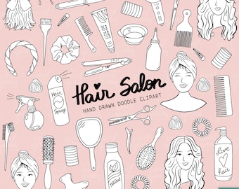 Hand Drawn Haidresser Clip Art. Doodle Beauty, Hair Salon Planner Stickers. Black & White Scissors, Hairbrush, Hairstyle, Bow Illustrations