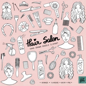 Handritad frisör clipart. Klotter skönhet, hårsalong planner stickers. Svartvita saxar, hårborste, frisyr, rosett illustrationer