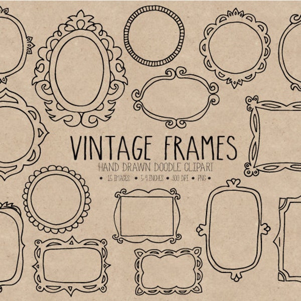 Hand Drawn Vintage Frames Clipart. Doodle Frames Clipart. Vintage Scrapbooking Borders, Tags & Labels. Retro Photo Overlays, Digital Frames