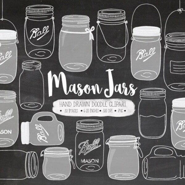 Chalkboard Mason Jar Clip Art. Hand Drawn White Mason Jar Clipart. Chalk Wedding Mason Jar Illustration. Digital Doodle Jar, Pitcher, Jug.