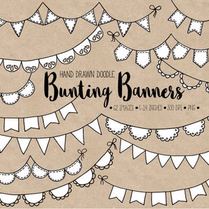 Clipart bannière Doodle. Bruant d'anniversaire dessiné à la main. Clip Art de guirlande de fête. Images de drapeau d'anniversaire noir et blanc. Cartes d'anniversaire à faire soi-même.