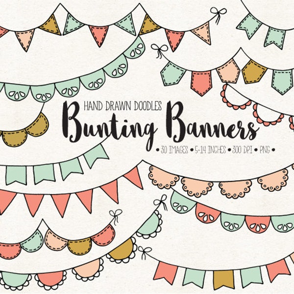 Hand Drawn Bunting Clip Art. Doodle Bunting Banners. Digital Garland Clipart. Retro, Vintage Bunting, Wedding Banner in Mint, Pink, Peach.