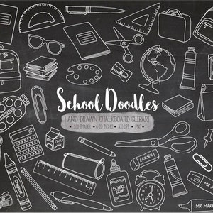 Chalkboard School Clipart. Hand Drawn Chalk Texture School Supplies. Doodle Teacher, Student, Backpack, Office, Stationery Clipart (0012)