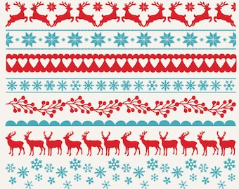 Christmas Borders Clip Art. Red, Blue Digital Ribbon Clipart. Nordic Snowflake Text Dividers. Vintage X-mas, Reindeer, Heart Clip Art