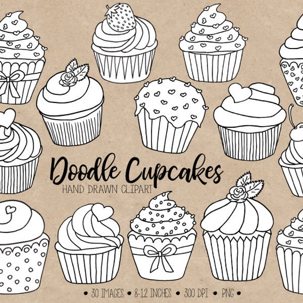 Doodle Cupcake Clipart. Hand Drawn Black & White Cupcake Outlines. Cupcake Illustrations. Coloring Pages, Valentines, Mothers Day Clip Art