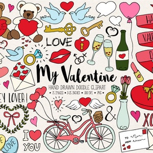 Doodle Amor, Clipart de boda. Clip Art de San Valentín dibujado a mano. Romance, Corazón, Flecha, Bicicleta, Magdalena, Ilustraciones De Boda Doodle