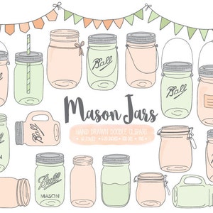 Mint & Peach Mason Jar Clip Art. Hand Drawn Doodle Mason Jar Clipart. Mint Scrapbooking Jam Jar, Pitcher Illustrations