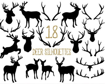 Deer Clipart. Antler Silhouettes Clip Art. Christmas Reindeer Scrapbook Clip art. Black Digital Deer Silhouettes. Woodland Animals Clipart.