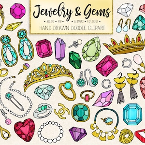 Imágenes prediseñadas de joyas y gemas dibujadas a mano. Imágenes prediseñadas de joyas, gemas, esmeraldas y diamantes. Ilustración de corona, anillo de bodas, collar y aretes