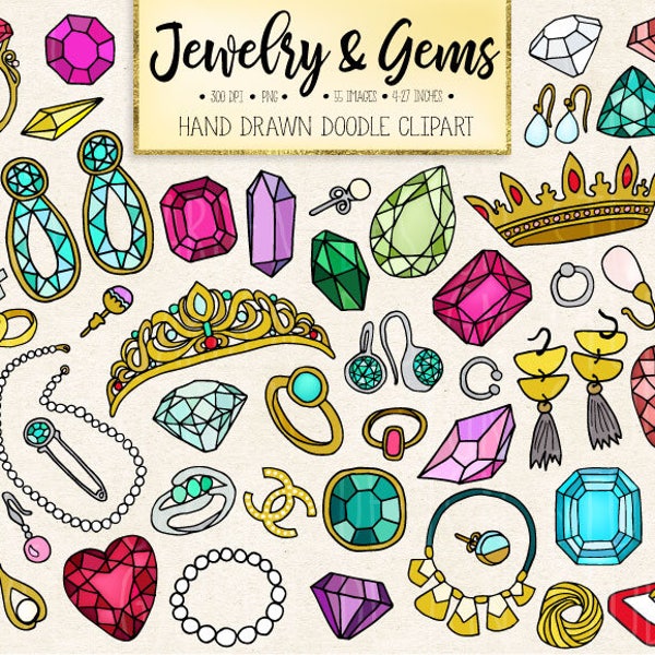 Doodle Gems, Jewelry Clipart. Hand Drawn Gemstone, Jewellery, Emerald, Diamond Clip Art. Crown, Wedding Ring, Necklace, Earring Illustration