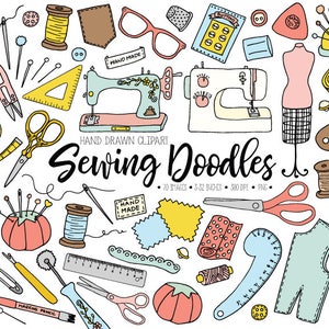Pode incluir: Um conjunto de 70 rabiscos de costura desenhados à mão em várias cores, incluindo uma máquina de costura, botões, agulhas, linha, tesoura, tecido e uma fita métrica. O texto "Sewing Doodles" está escrito em itálico preto.