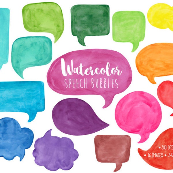 Speech Bubble Clipart. Watercolor Speech Bubble Clip Art. Hand Painted Thought Bubble Illustration. Colorful Watercolor Comic Speech Bubbles