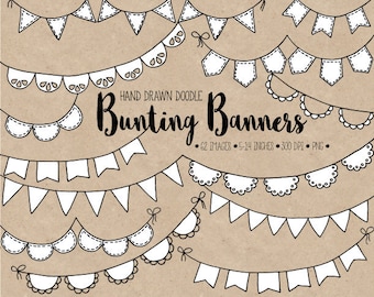 Doodle Bunting Banner Clipart. Hand Drawn Birthday Bunting. Party Garland Clip Art. Black, White Birthday Flag Images. DIY Birthday Cards.