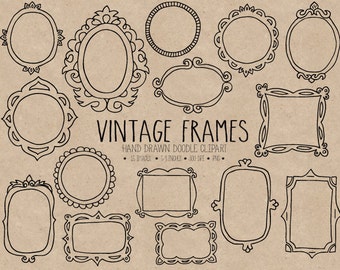 Hand getekende vintage frames clipart. Doodle Frames Clipart. Vintage scrapbookingranden, tags en labels. Retro foto-overlays, digitale fotolijsten