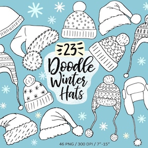 Clipart Noël chapeau. Chapeaux d'hiver dessinés à la main, vêtements de détente, illustrations de tricot. Clipart de bonnet de Noel de vacances Doodle pour cartes de Noël, étiquettes cadeaux
