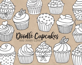 Imágenes Prediseñadas de pastelitos de garabato. Contornos de cupcakes en blanco y negro dibujados a mano. Ilustraciones de magdalenas. Dibujos Para Colorear, San Valentín, Imágenes Prediseñadas Del Día De La Madre