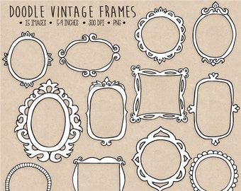 Doodle Frames Clipart. Hand Drawn Frame Clipart. Borders & Frames, Tags. Vintage Scrapbooking Labels. Black, White Photo Overlays for Blog.