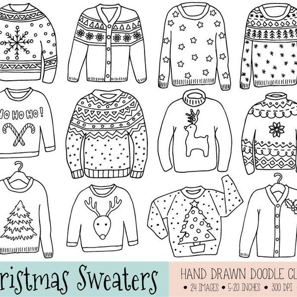 Ugly Christmas Sweater Clipart. Hand Drawn Tacky Christmas Jumper, Reindeer, Snowflake, Star Doodle Clip Art. Winter Clothing Coloring Book.