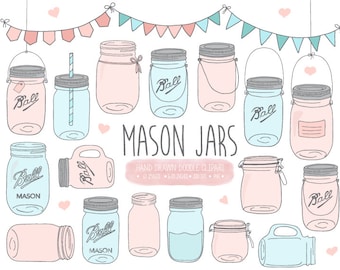 Mason Jar Clip Art. Hand Drawn Pastel Pink & Blue Mason Jars. Doodle Scrapbooking Wedding Mason Jars. Wedding Bunting Banner Illustrations.