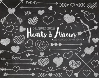 Chalk Hearts & Arrows Clip Art. Hand Drawn Doodle Arrows Clipart. Chalkboard Valentines Day, Mothers Day, Wedding, Love Illustrations (0009)