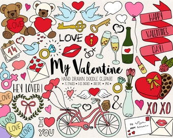 Doodle Love, Wedding Clipart. Hand Drawn Valentine's Day Clip Art. Romance, Heart, Arrow, Bicycle, Cupcake, Doodle Wedding Illustrations
