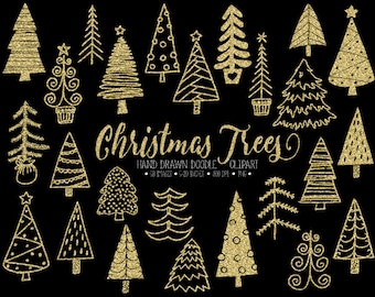 Glitter Christmas Tree Clipart. Gold Christmas Illustration. Hand Drawn Winter, Sparke Gold Christmas Clipart for Gift Tags, Cards, Stickers