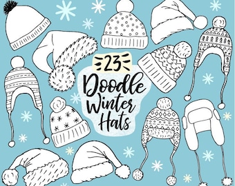 Christmas Hat Clip Art. Hand Drawn Winter Hats, Cothing, Knit Illustrations. Doodle Holiday Santa Hat Clipart for Christmas Cards, Gift Tags