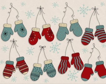 Hand Drawn Mittens Clipart. Doodle Winter Clothing Illustrations. Red, Blue Mittens, Holiday Scrapbooking Clip Art. Doodle Christmas Clipart