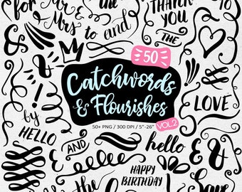 Design Elements Clip Art. Hand Lettered Catchwords, Symbols. Lettering Wedding Overlays. Brush Flourishes, Swirls, Text Dividers, Ampersands
