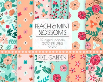 Peach & Mint Floral Digital Paper. Pink, Teal, Coral, Aqua, Mint Peony, Rose Cottage Chic Patterns. Hand Drawn Flower, Blossom Burgundija.