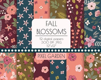 Fall Floral Digital Paper. Autumn Rose, Peony Flower Patterns. Shabby, Rustic Chic Hand Drawn Floral Background. Burgundy, Pink, Olive, Gray