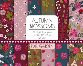 Autumn Floral Digital Paper. Fall Rose, Peony Scrapbook Paper. Gray, Burgundy, Olive, Pink, Red Shabby, Rustic Hand Drawn Floral Background.