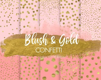 Gold Confetti Digital Paper. Pink & Gold Dot Confetti Background. Blush, Gold Foil Metallic Digital Patterns. Sparkle, Pink, Peach Confetti