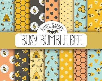 Bee Digital Paper. Honeycomb Scrapbook Paper. Bumble Bee Digital Background. Honeybee, Honey, Hive, Summer Papers in Turquoise, Pink, Yellow
