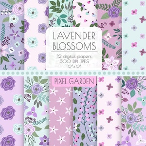 Lavender Floral Digital Paper. Purple, Mint, Violet Shabby Cottage Chic Scrapbook Paper. Pink, Lavender, Mint Rose, Flowers, Peony Blossoms