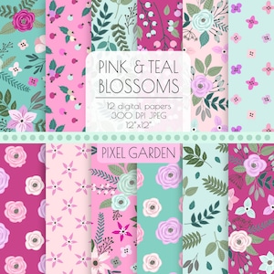 Tropisches Blumen-Digital-Papier. Rosa & Teal Cottage Chic Scrapbook Papier. Pfingstrose, Rosenblüte Aqua, Petrol, Fuchsia, Minze Blumenmuster