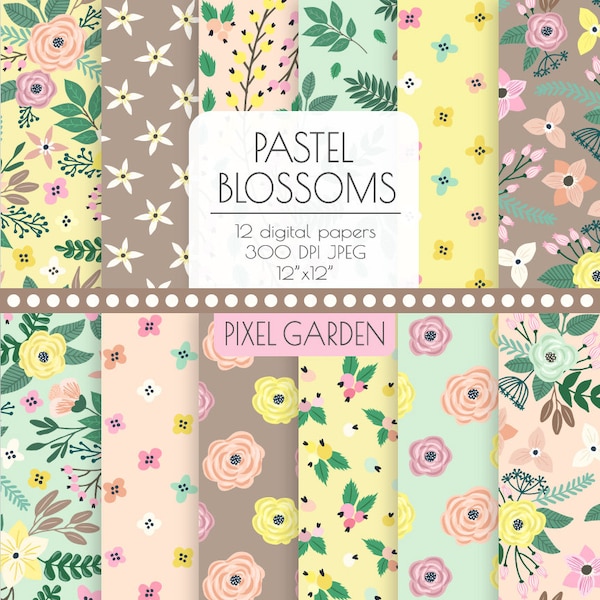 Pastel Floral Digital Paper. Peach, Mint, Yellow, Taupe Scrapbooking Paper. Hand Drawn Rose, Flower Pattern. Mint, Yellow Wedding Paper.