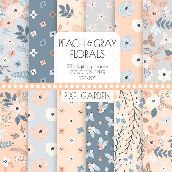 Peach Floral Digital Paper. Peach, Gray Shabby Cottage Chic Scrapbook Paper. Peach, Grey Wedding Paper. Pastel Rose, Floral Background.