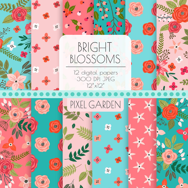 Pink & Blue Floral Digital Paper. Peony, Rose Blossom Teal, Coral, Turquoise Cottage Chic Patterns. Vintage Hand Drawn Flower Background.