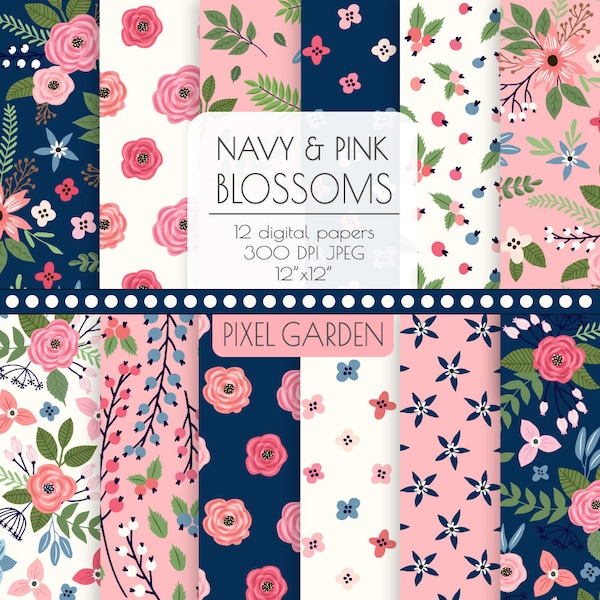 Navy & Pink Floral Digital Paper Background. Shabby Cottage Chic Patterns. Rose, Peony Blossoms in Pink, Navy, Ivory. Hand Drawn Flowers