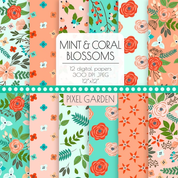 Mint & Peach Floral Digital Paper. Peony, Rose Blossom Teal, Coral, Turquoise, Mint Cottage Chic Patterns. Teal Wedding Flower Background.