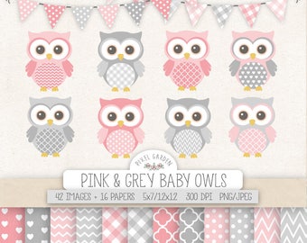 Pink & Gray Owl Clipart. Nursery, Baby Shower Clipart. Baby Girl Digital Paper in Chevron, Polka Dot, Gingham. Pink, Grey Baby Owls, Banners