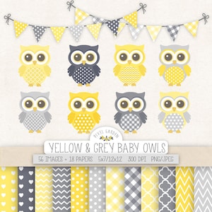 Baby Eulen Clip Art. Kinderzimmer, Gelb, Grau Baby Shower Clipart. Baby Boy Digitales Papier in Chevron, Polka Dot, Gingham. Gelb, Graue Eulen