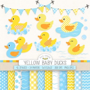 Baby Duck Clipart. Żółta gumowa kaczuszka Baby Shower Clip Art. Żółty, niebieski papier cyfrowy, banery. Urocze kaczuszki w przedszkolu, bąbelkowa kąpiel Clipart.