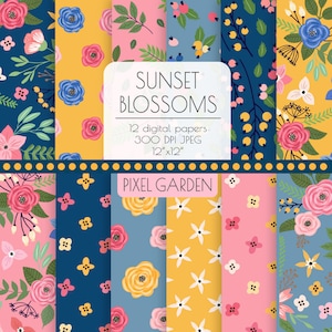 Navy Floral Digital Papier. Pfingstrose, Rosenblüte Scrapbook Papier. Rosa, Gelb, Marine Landhaus-Chic-Muster. Retro Vintage Hand gezeichnete Blumen.