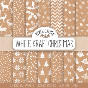 Rustic Christmas Digital Paper. White Kraft Christmas Scrapbook Paper. Nordic Retro Christmas Printable. Vintage Digital Holiday Background.