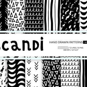 Carta digitale nordica. Modello scandinavo minimalista. Carta digitale Scandi Doodle monocromatica. Sfondo geometrico disegnato a mano in bianco e nero.